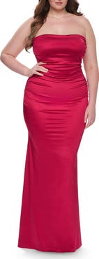 La Femme Strapless Satin Plus Size Dress with Ruching