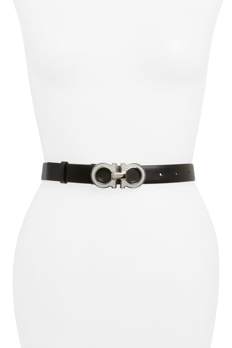 Salvatore Ferragamo Gancini Sparkle Buckle Belt, Main, color, NERO/ SILVER