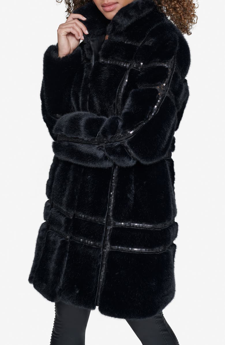 KARL LAGERFELD PARIS Sequin Detail Faux Fur Coat, Main, color, 