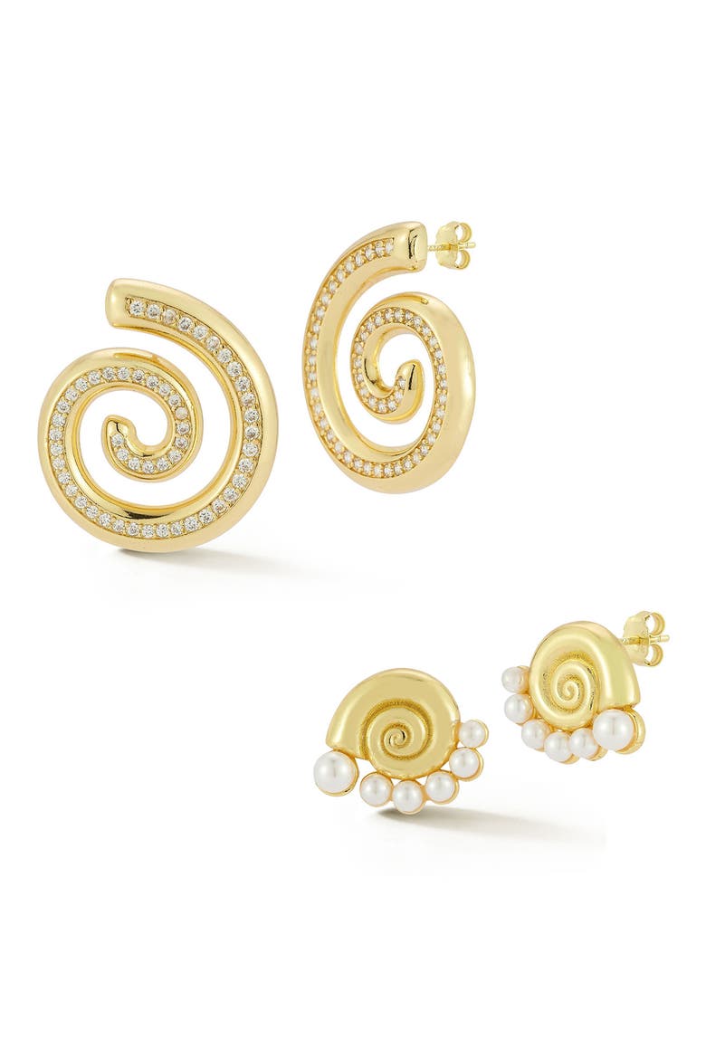 Assorted 2-Pack Cubic Zirconia Pavé Shell & Freshwater Pearl Stud Earrings, Main, color, GOLD