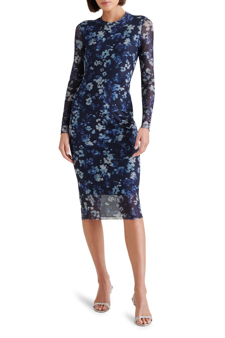 Hailee Floral Long Sleeve Mesh Body-Con Midi Dress, Main, color, INDIGO