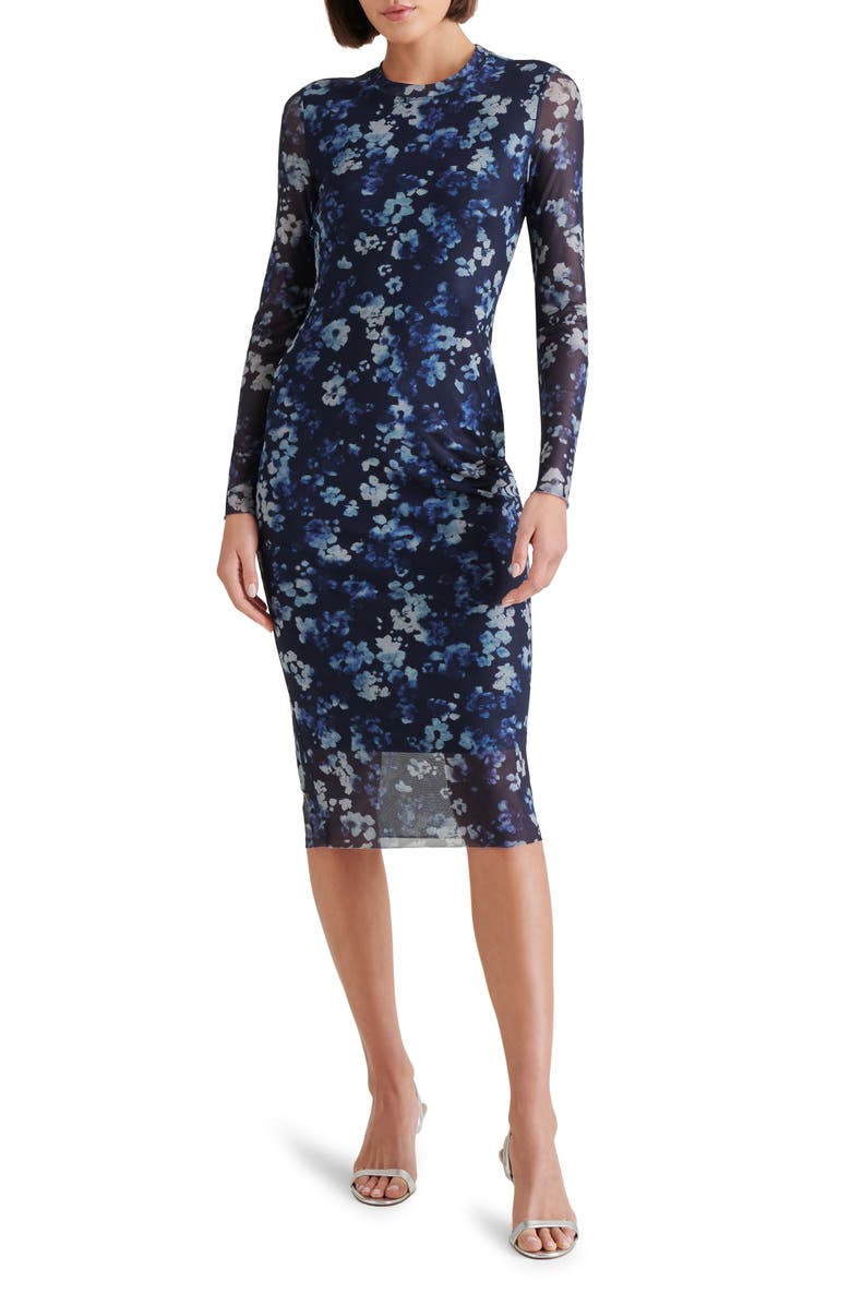 Steve Madden Hailee Floral Long Sleeve Mesh Body-Con Midi Dress, Main, color, 