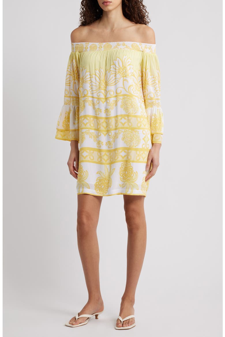 Kaori Off the Shoulder Long Sleeve Shift Dress, Main, color, GOLDEN GLOW JUICY STORY