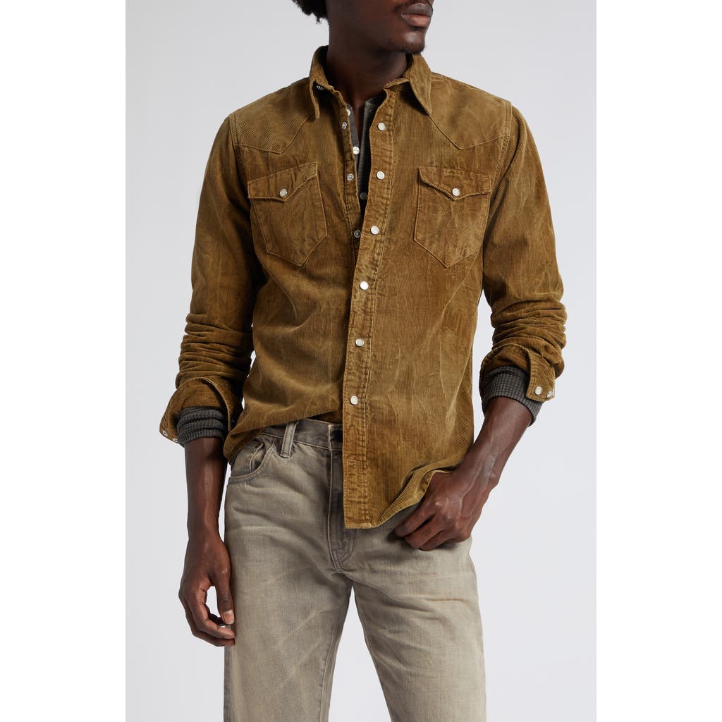 Double Rl Buffalo West Slim Fit Corduroy Western Snap-up Shirt In Brown