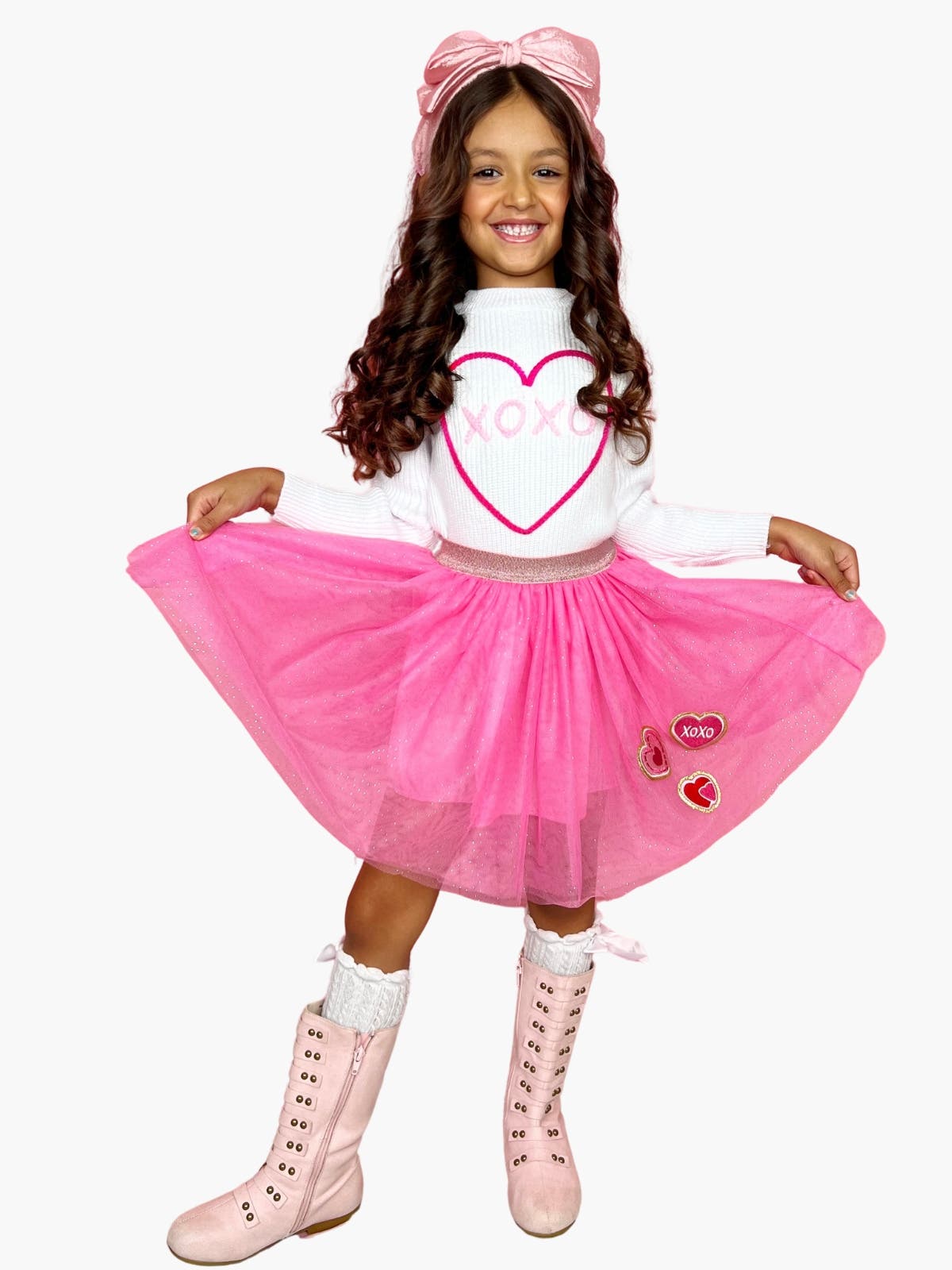 Mia Belle Girls Embroidered Sweater and Heart Patch Tutu Skirt Set in Pink 