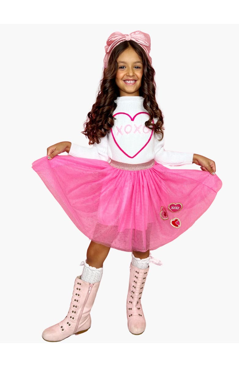 Mia Belle Girls Embroidered Sweater and Heart Patch Tutu Skirt Set, Main, color, Pink