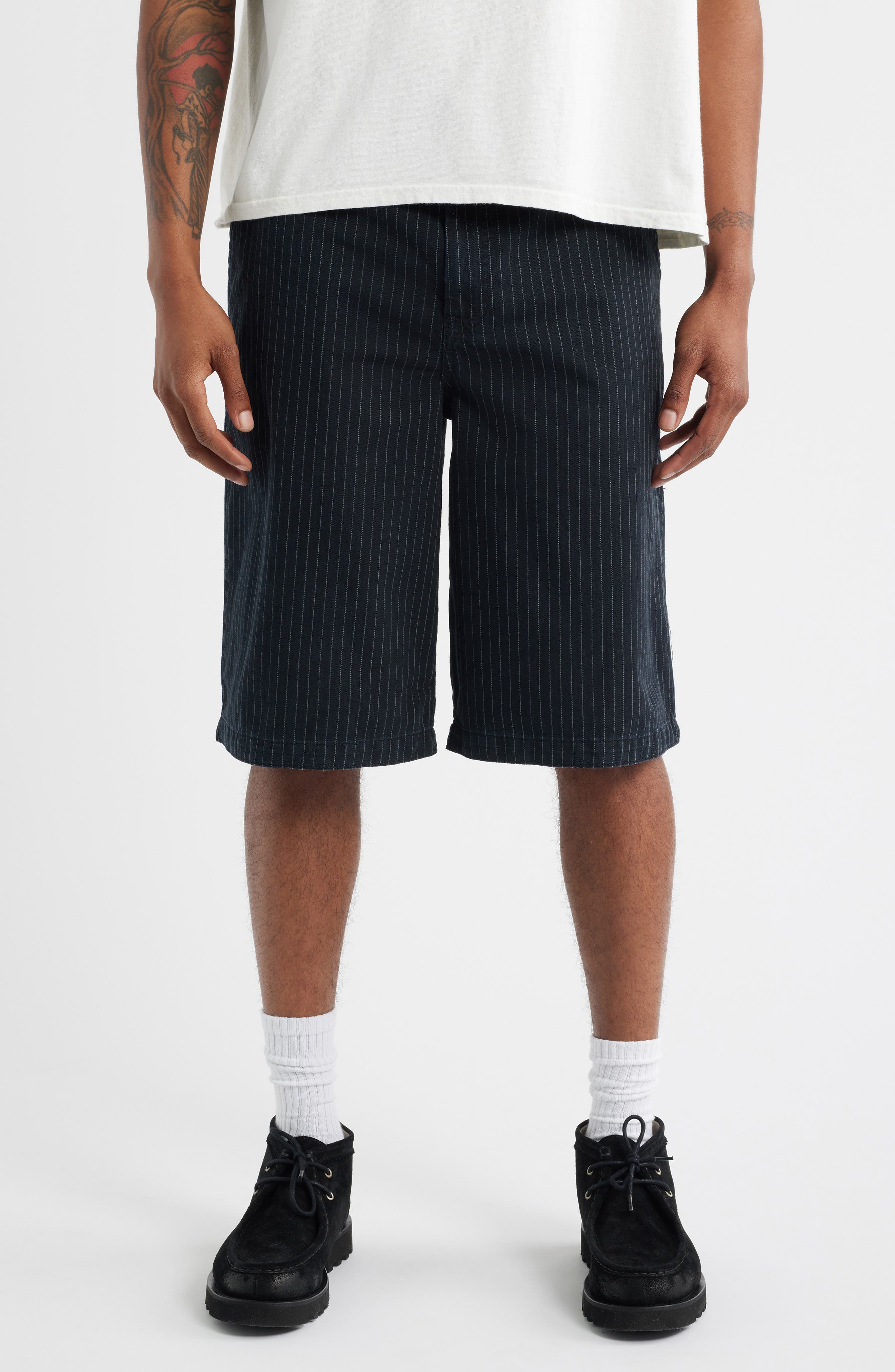 BDG Urban Outfitters Pinstripe Flat Front Stretch Cotton Worker Shorts