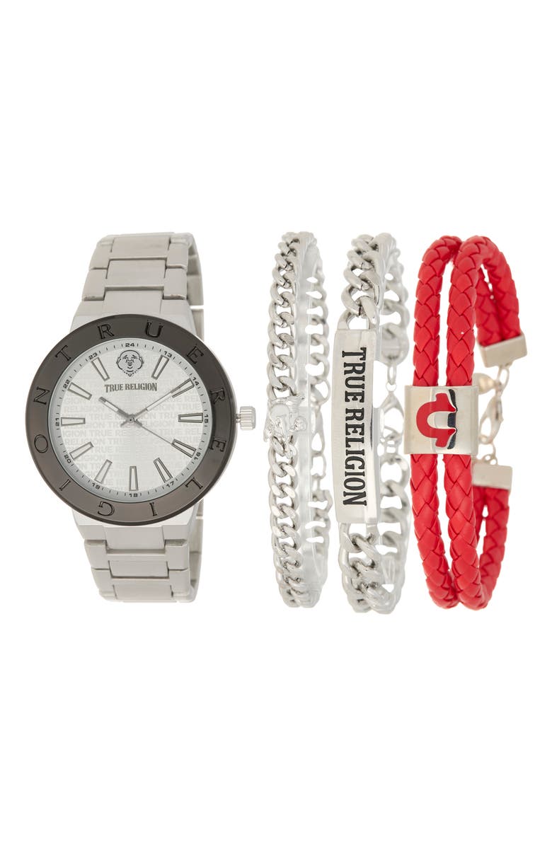 True Religion Logo Bracelet Watch & Bracelets Set, 43mm, Main, color, Silver