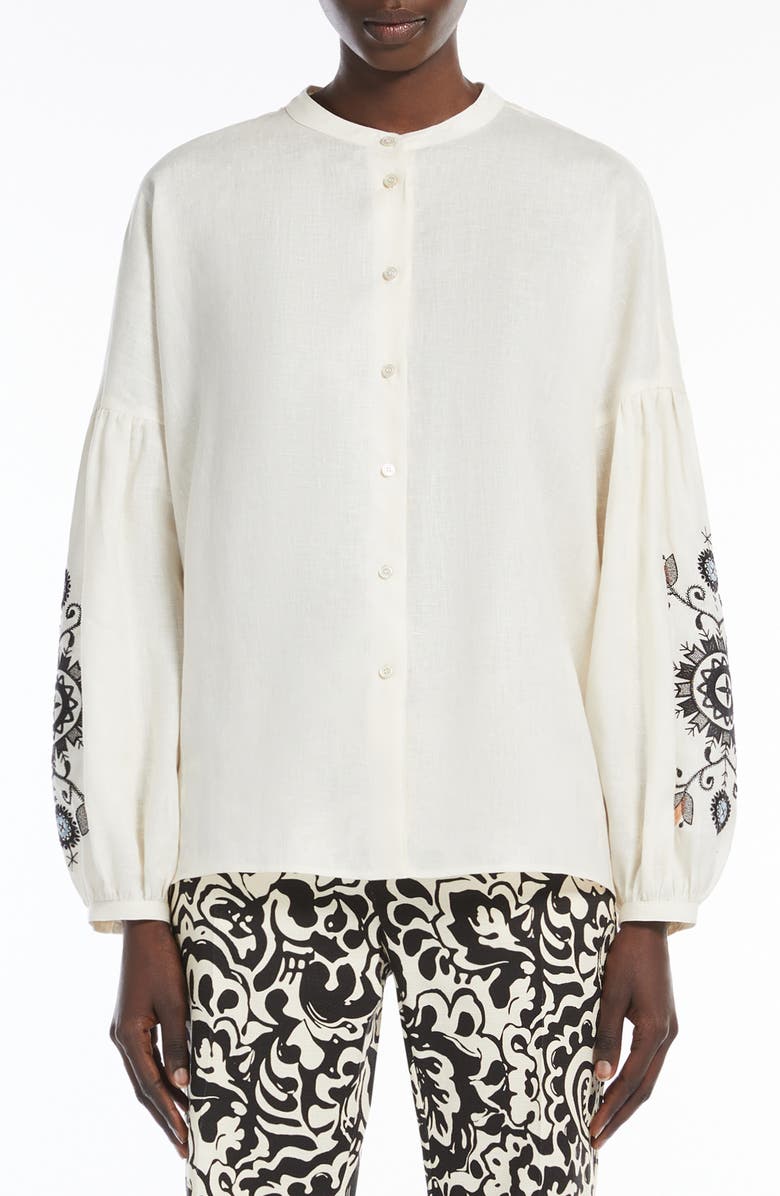 Weekend Max Mara Ilex Embroidered Linen Button-Up Shirt, Main, color, Ecru