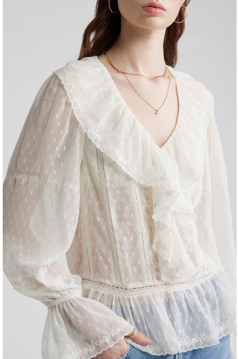 Embroidered Ruffle Peplum Clip Dot Chiffon Top, Alternate, color, IVORY EGRET
