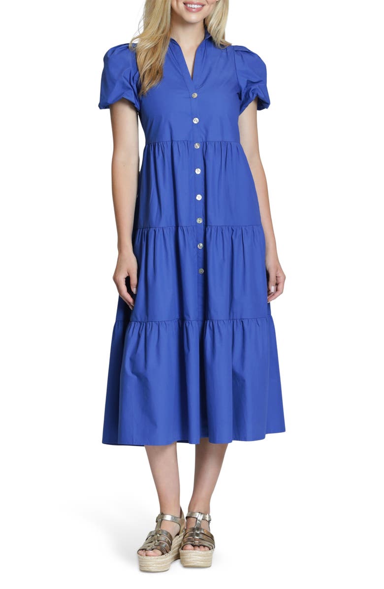 APNY Puff Sleeve Tiered Cotton Midi Dress, Main, color, Dazzling Blue