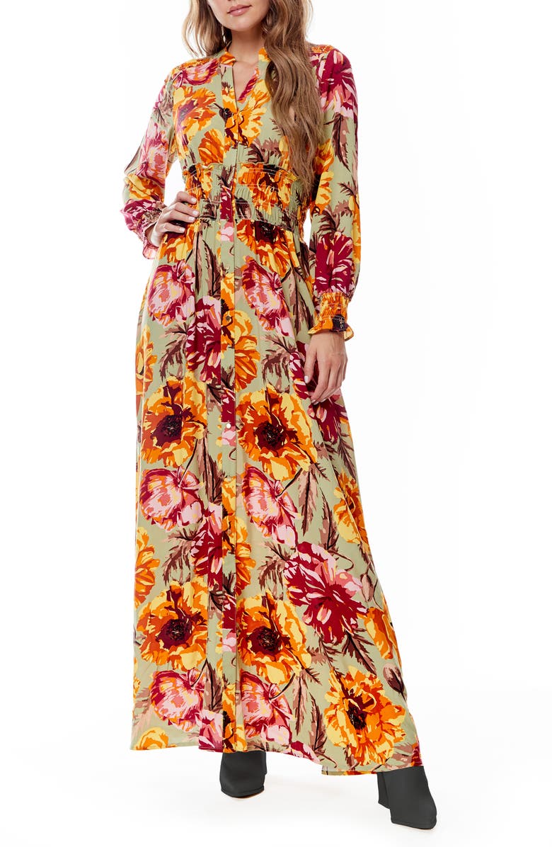 BY DESIGN Callista Long Sleeve Midi Shirtdress, Main, color, Tropical Treat Sage Combo