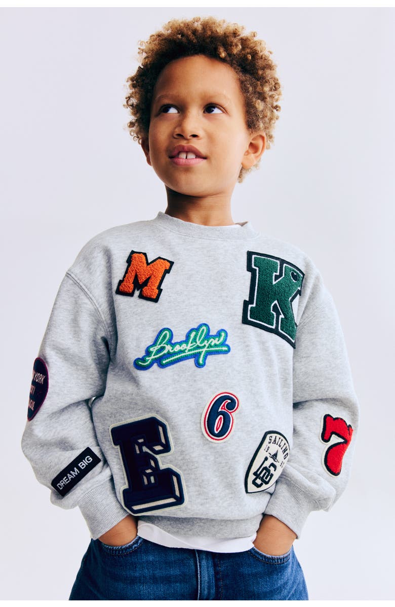 H&M Appliquéd Brushed-inside Sweatshirt, Alternate, color, Light Gray Melange/Patches