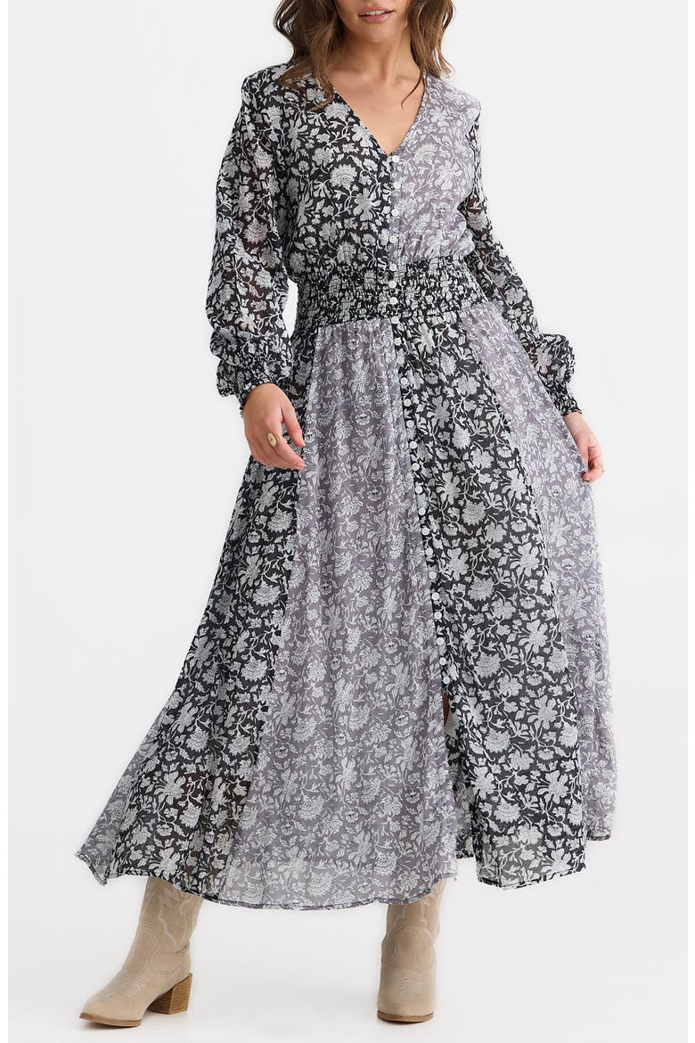Halcycon Floral Long Sleeve Cotton Maxi Dress, Main, color, BLACK W GREY MOON RIVER