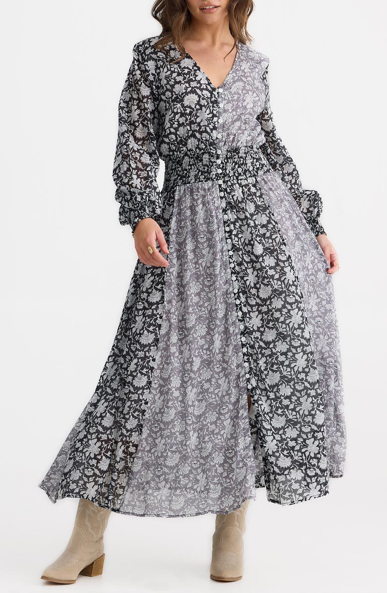 Talisman the Label Halcycon Floral Long Sleeve Cotton Maxi Dress, Main, color, Black W Grey Moon River