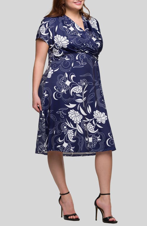 24seven Comfort Apparel Plus Size Print Short Sleeve Knee Length V-neck Wrap Dress In Navy Multi