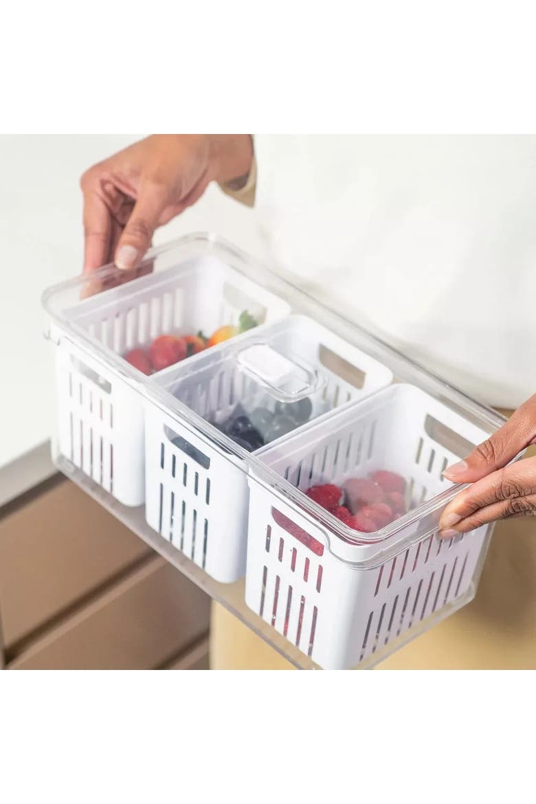 Clear Stackable Fridge Organizer Bin with Three Removable Drain Baskets and Vented Lid, 2 Pack - 5.3 Quart Each, Alternate, color, Clear with White Drainer