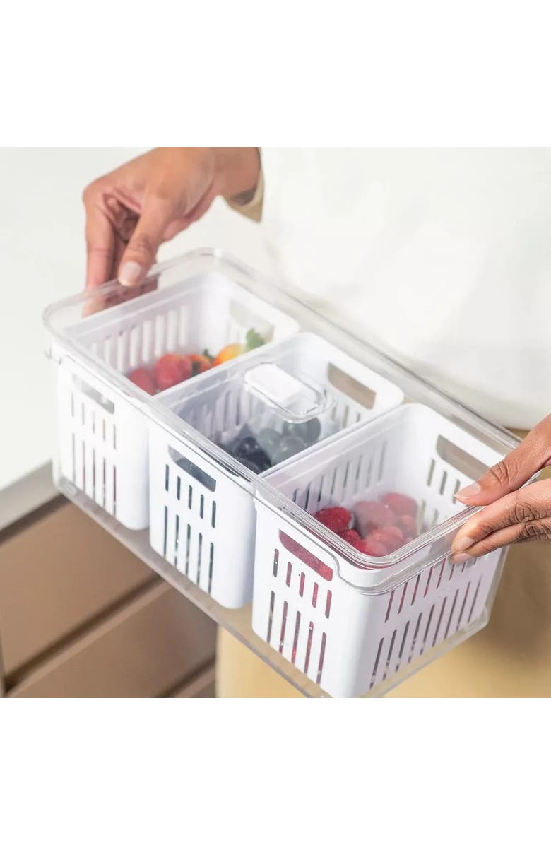 OU Clear Stackable Fridge Organizer Bin with Drain Basket and Vented Lid, 2 Pack, Alternate, color, 