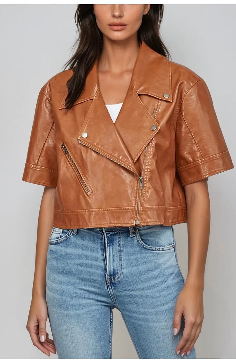 Sisterly Romy Crop Faux Leather Moto Jacket, Main, color, Cognac