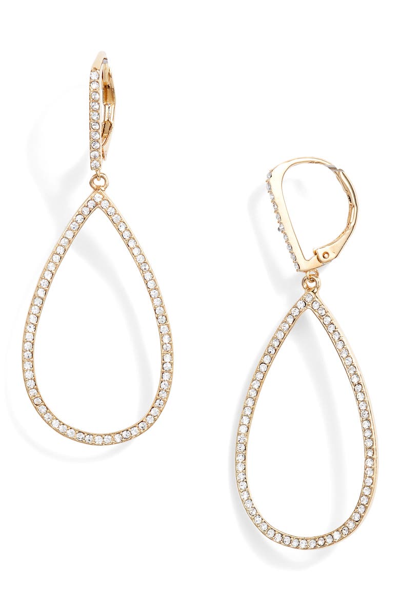 Pavé Teardrop Hoop Earrings, Main, color, CLEAR- GOLD