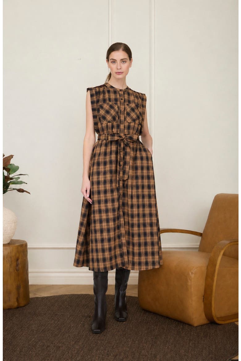 Plaid Sleeveless Tie Waist Midi Dress, Alternate, color, BROWN PLAID