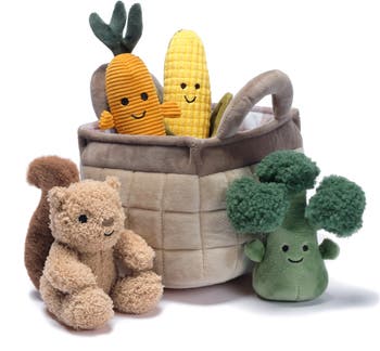 Plush Veggie Basket Play Set with Interactive Stuffed Vegetable Toys