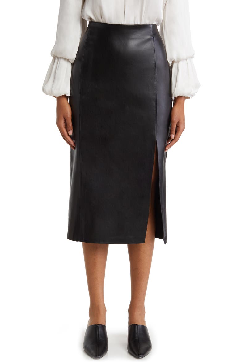 Faux Leather Slit Pencil Skirt, Main, color, BLACK
