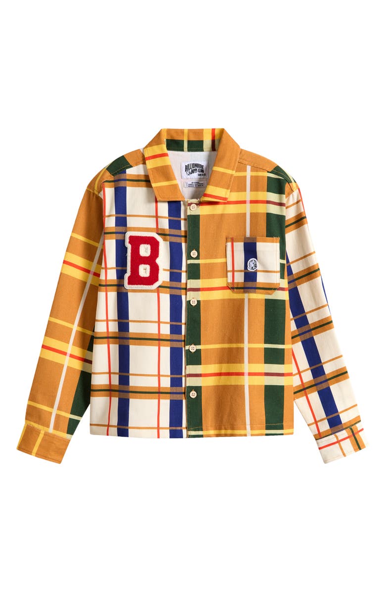 Billionaire Boys Club Kids' Valedictorian Plaid Cotton Twill Button-Up Shirt, Main, color, Inca Gold
