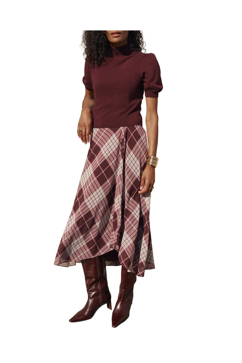Checked Layered Midi Dress, Alternate, color, Burgundy