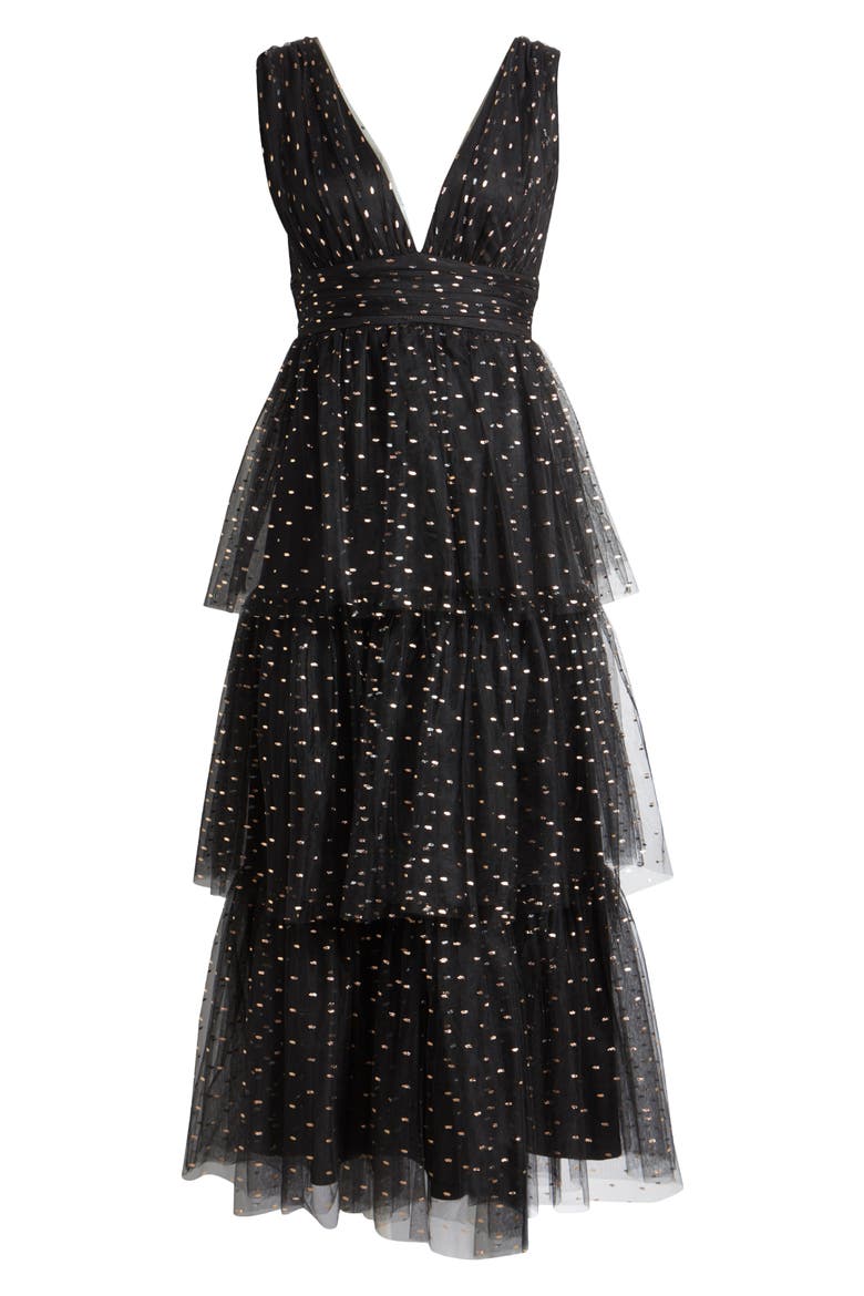 Metallic Tiered Tulle Midi Cocktail Dress, Alternate, color, BLACK/GOLD/SILVER