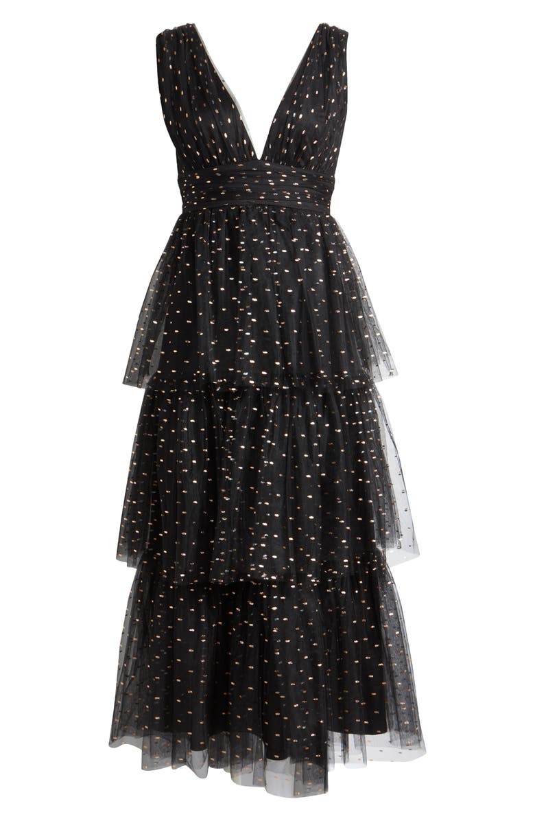 Lulus Metallic Tiered Tulle Midi Cocktail Dress, Alternate, color, Black/Rose Gold/Silver