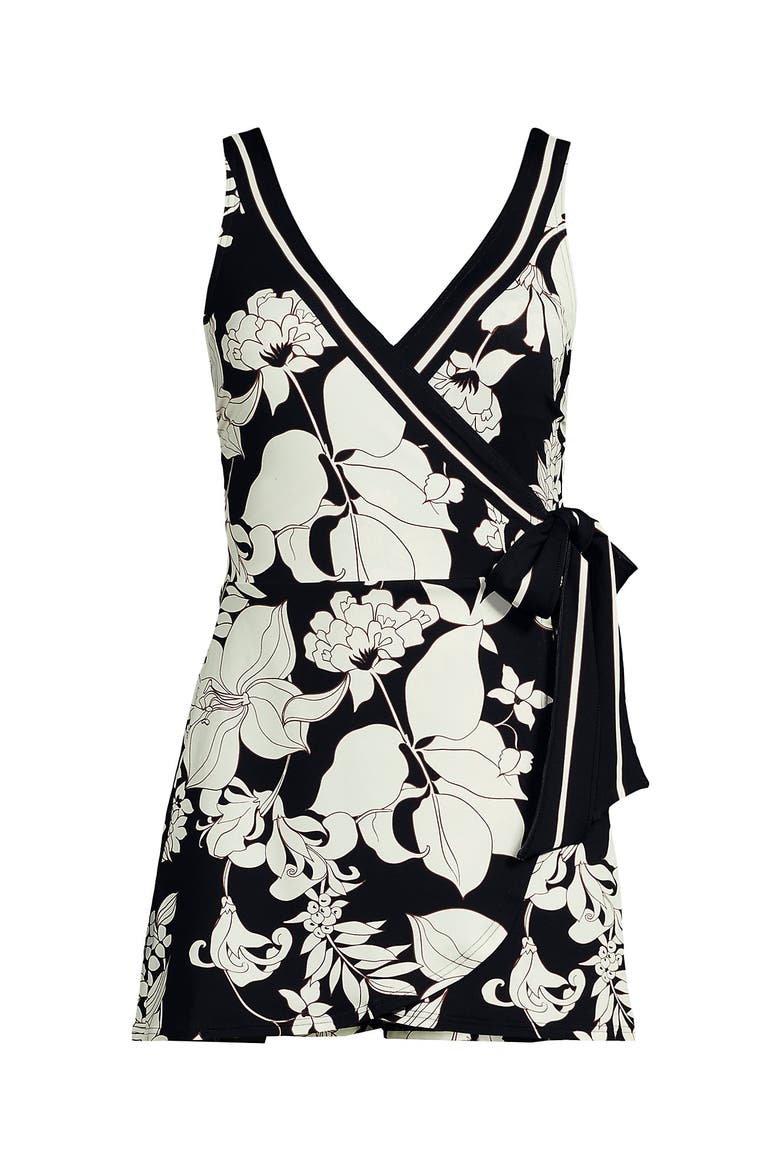 Side Tie Mini Swim Dress Swimsuit, Alternate, color, Black/Egret Lilies Border