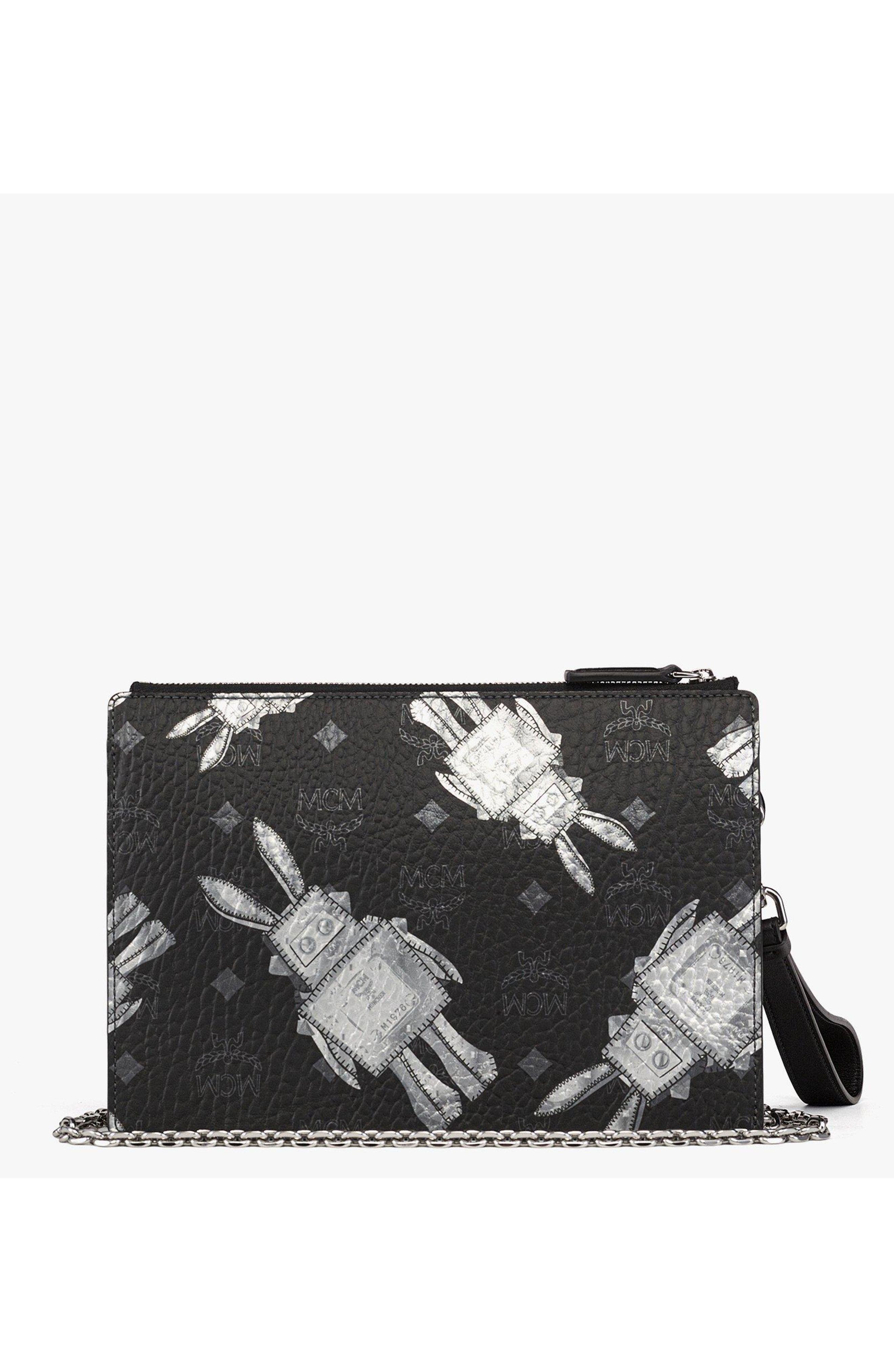 MCM Wristlet Standing Pouch w/ Chain Strap in Rabot Visetos, Alternate, color, Black