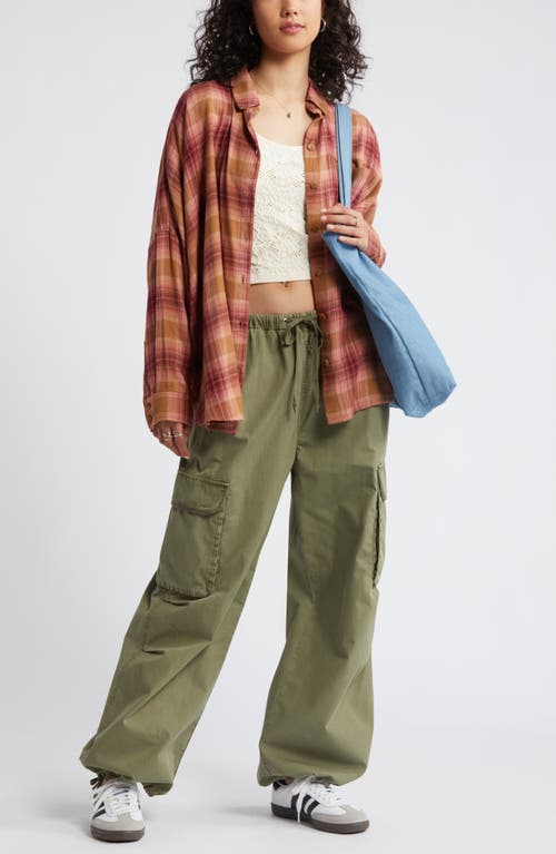 Bp. Plaid Oversize Flannel Button-up Shirt In Tan T- Pink Gia Plaid