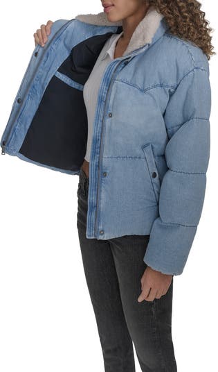 Western Denim Faux Shearling Collar Puffer Jacket