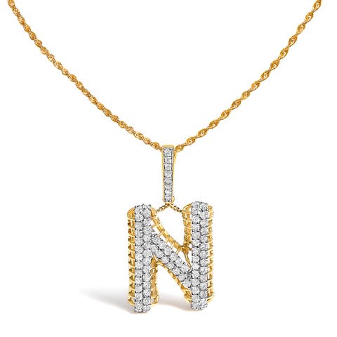 Men's 10K Yellow Gold 1 1/2 Cttw Diamond Letter N Initial Pendant Necklace