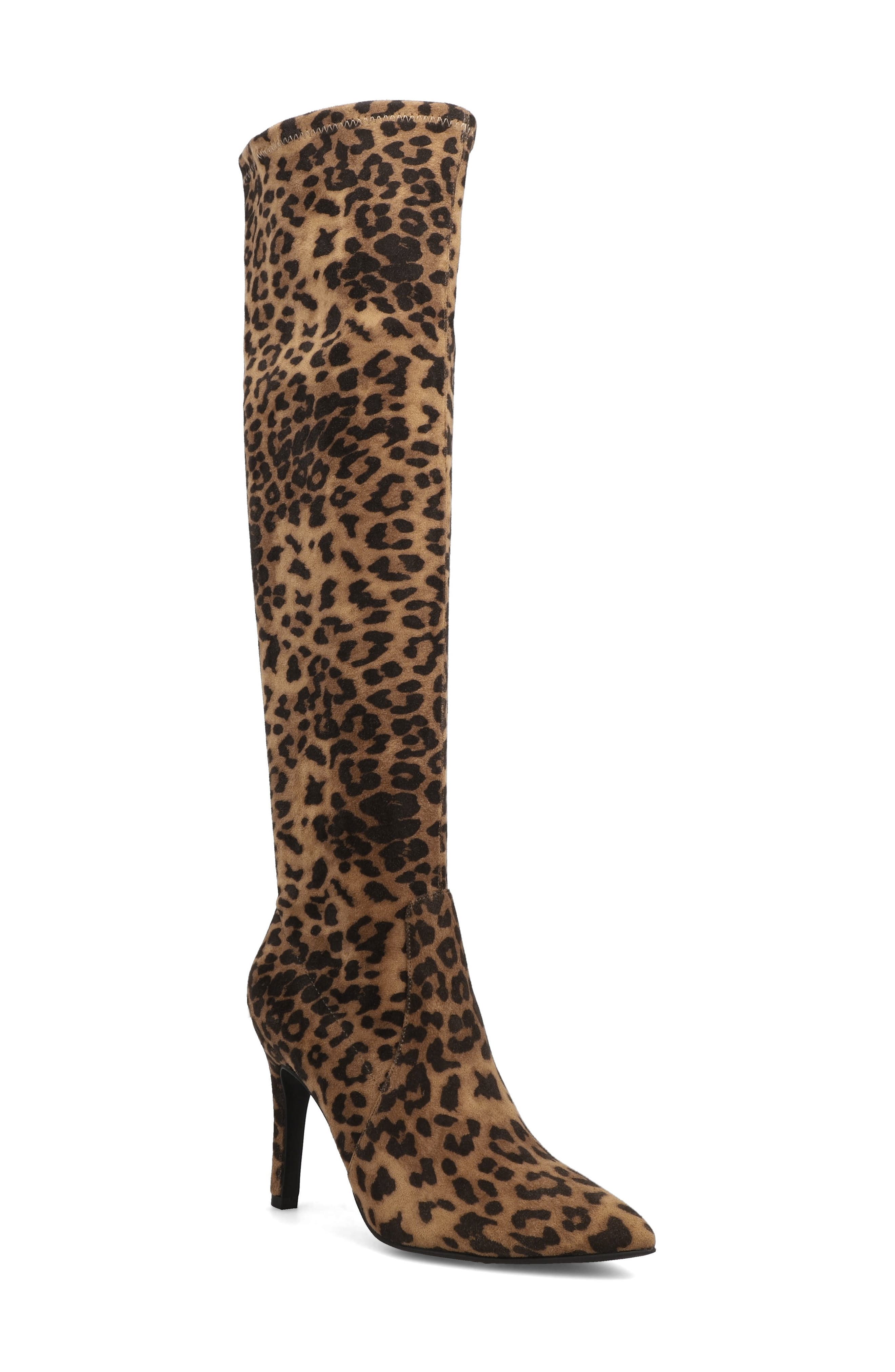 MIA Arisa Pointed Toe Knee High Stiletto Boot, Main, color, Leopard Print