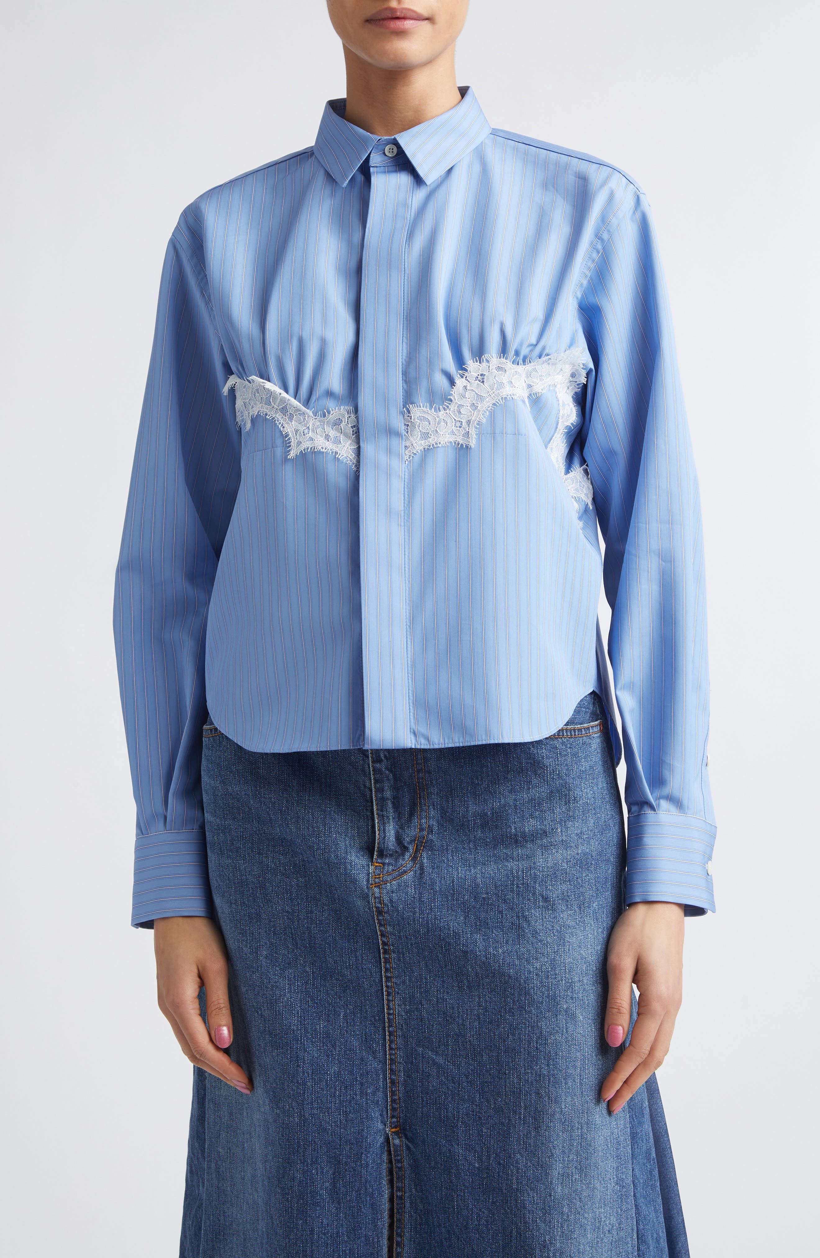 Stripe Lace Trim Poplin Button-Up Shirt