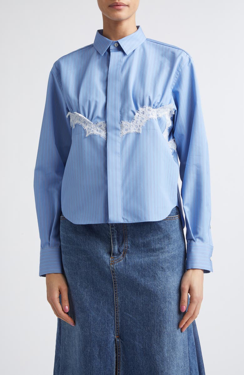Sacai Stripe Lace Trim Poplin Button-Up Shirt, Main, color, Blue Stripe