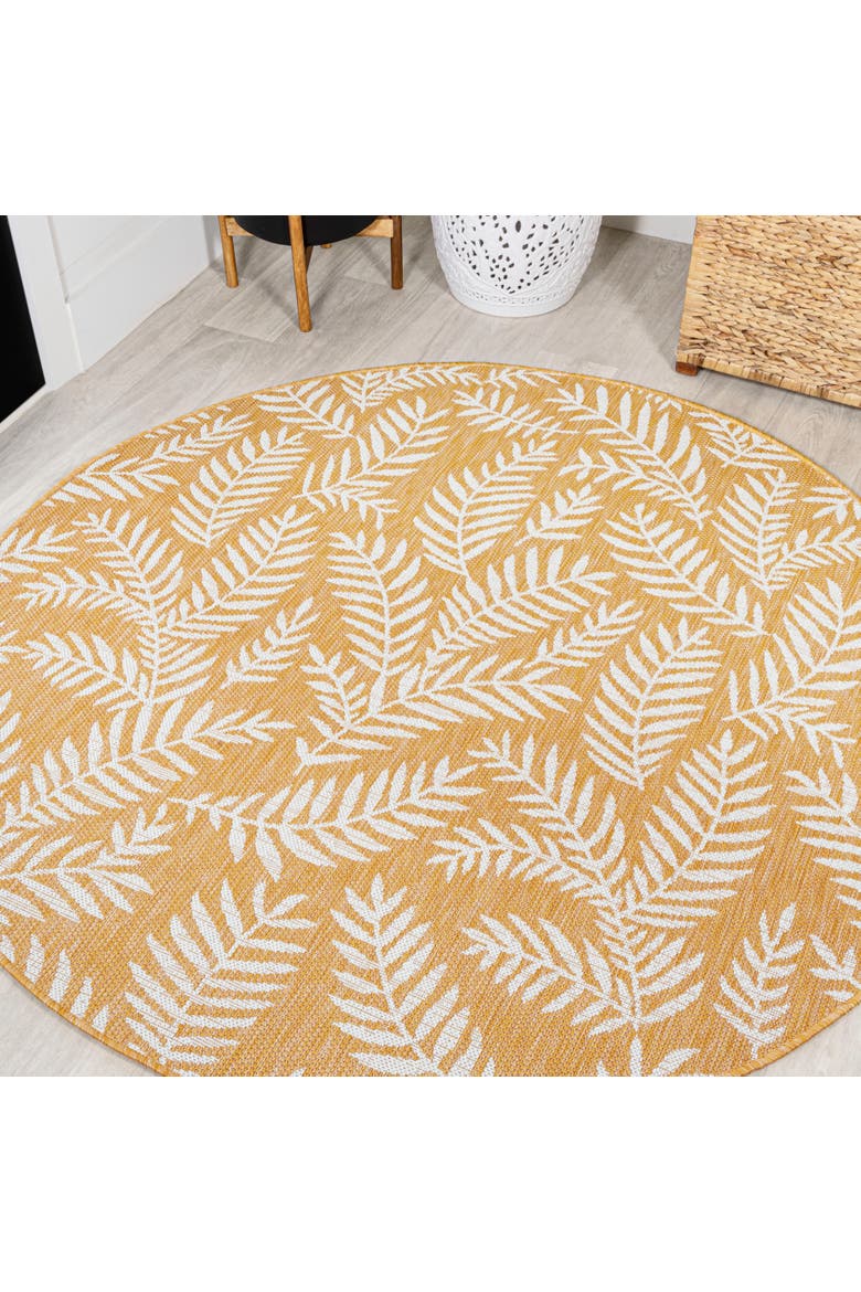 Nevis Palm Frond Indoor/Outdoor Round Area Rug, Main, color, Yellow/Cream