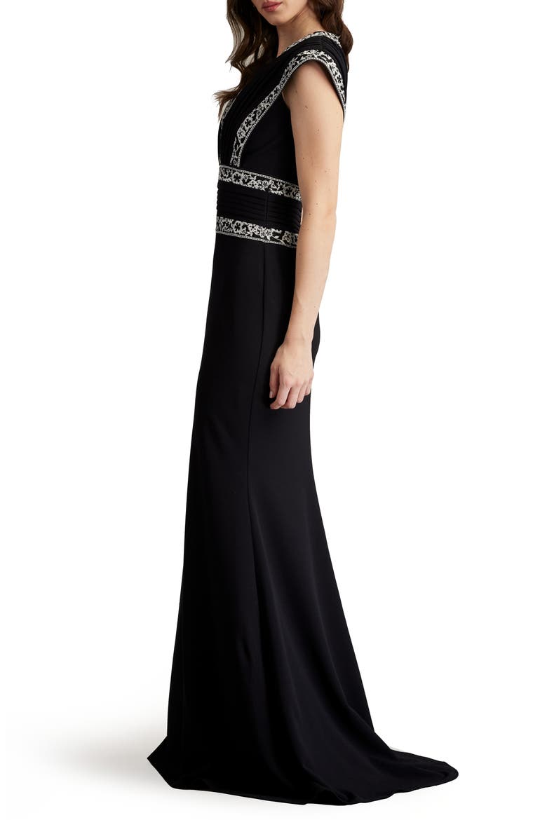 Embroidered Trim V-Neck Gown, Alternate, color, BLACK/ IVORY