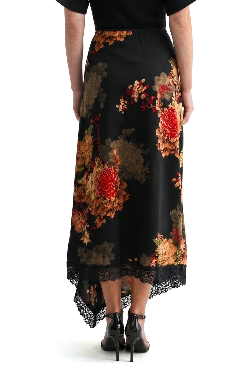 Lace Trim Asymmetrical Midi Skirt, Alternate, color, BLACK FLORAL