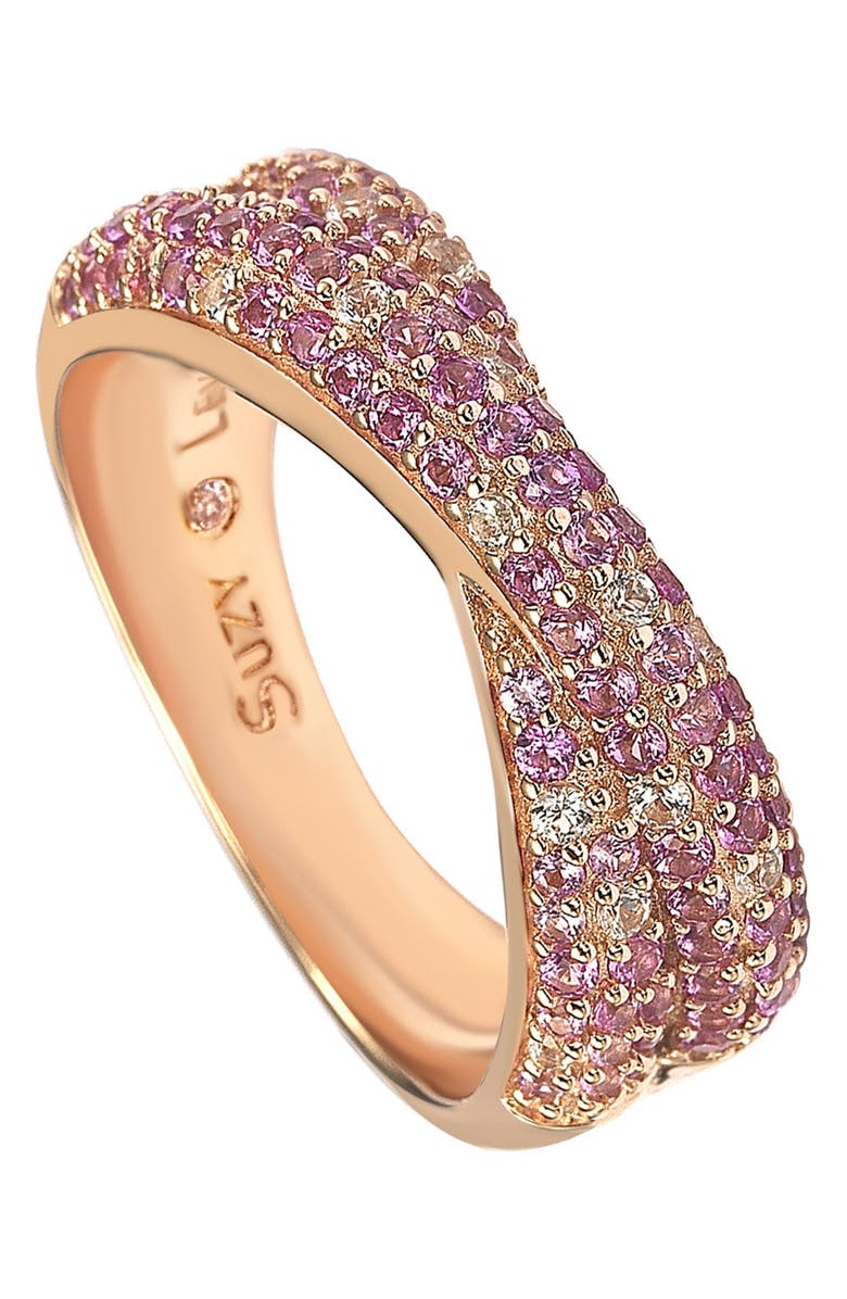 SUZY LEVIAN 14K Rose Gold Sterling Silver Pink Sapphire & Lab Grown Sapphire Diamond Accent Crossover Ring, Main, color, Pink