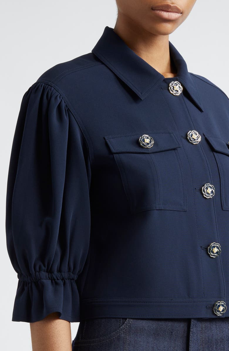 Cinq à Sept Julieta Flower Button Crop Jacket, Alternate, color, Navy