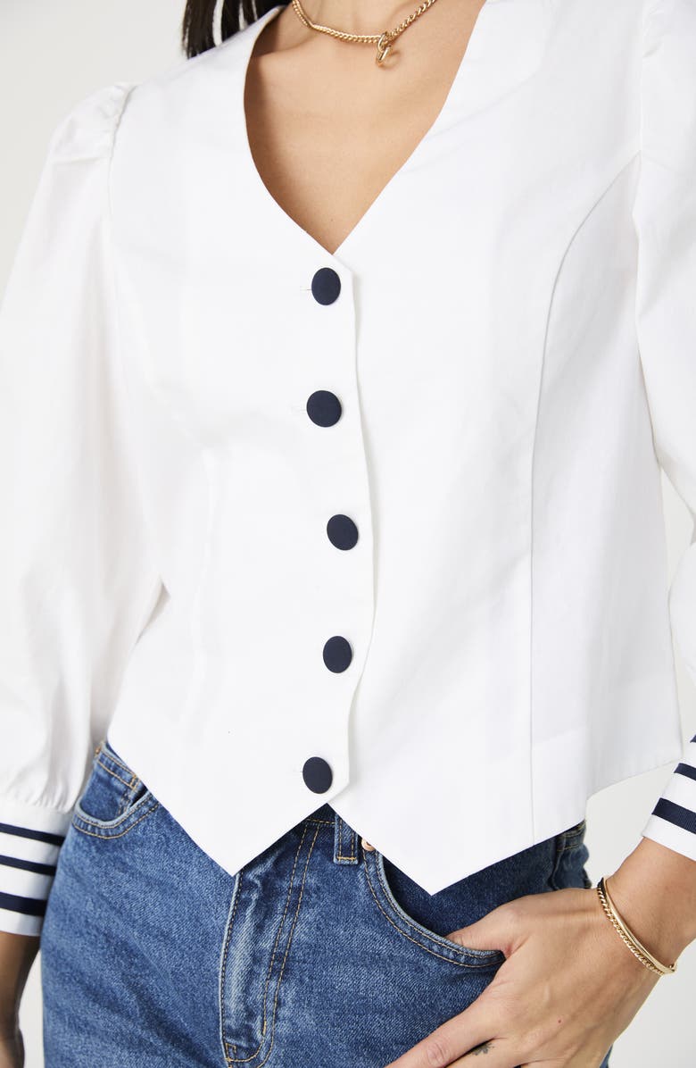 V-Neck Stripe Cuffs Long Sleeve Button-Up Top