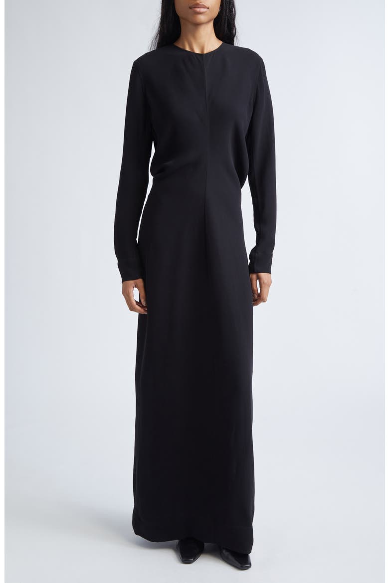 Slouch Waist Long Sleeve Cady Dress, Main, color, BLACK