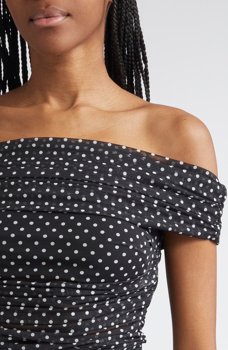 Alice + Olivia Isadola Polka Dot Ruched Off the Shoulder Mesh Crop Top, Alternate, color, Black/Off White Polka Dot