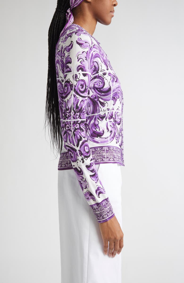 Dolce&Gabbana Majolica Print Silk Cardigan, Alternate, color, H25dq Maiolica 1L Viola