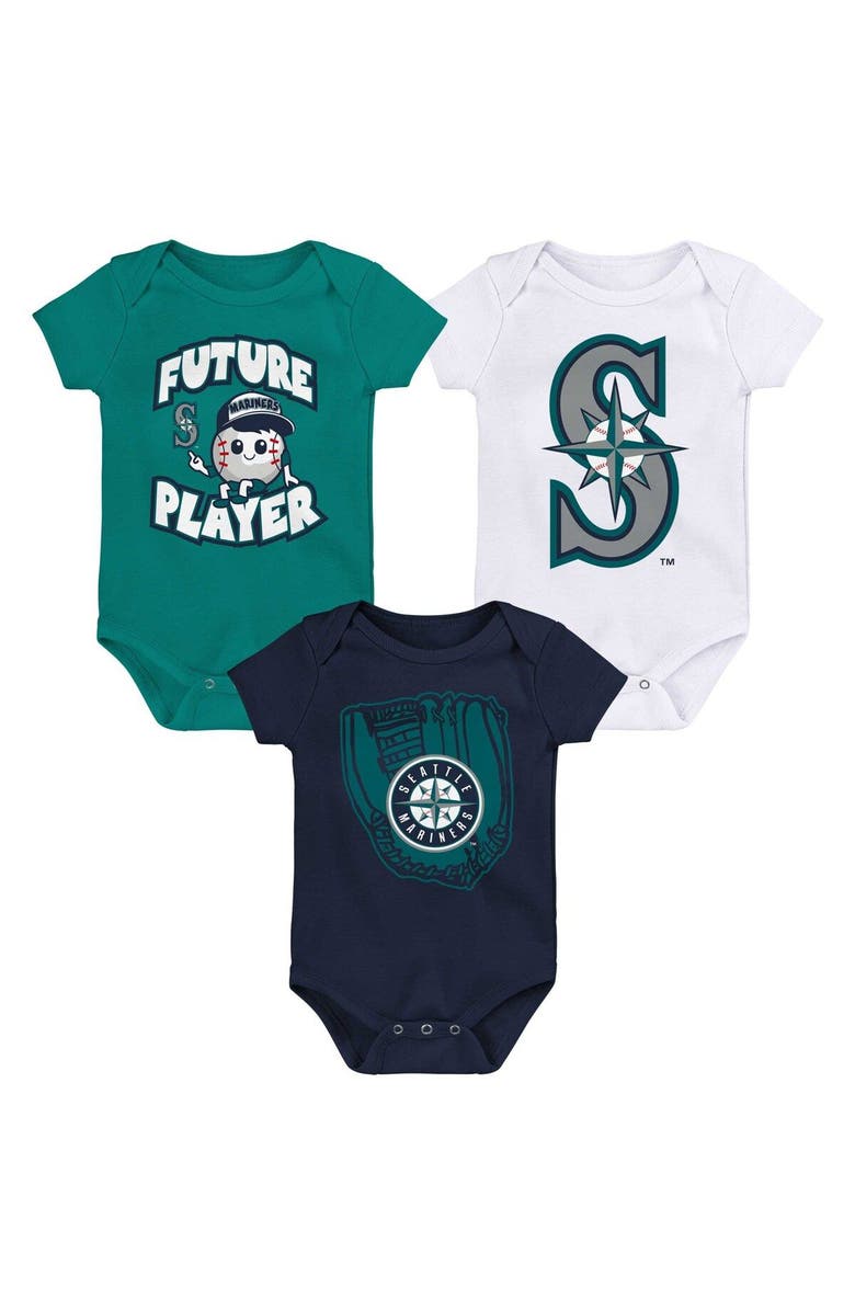 Outerstuff Newborn & Infant Aqua/Navy/White Seattle Mariners Minor League Player Three-Pack Bodysuit Set, Main, color, Aqua