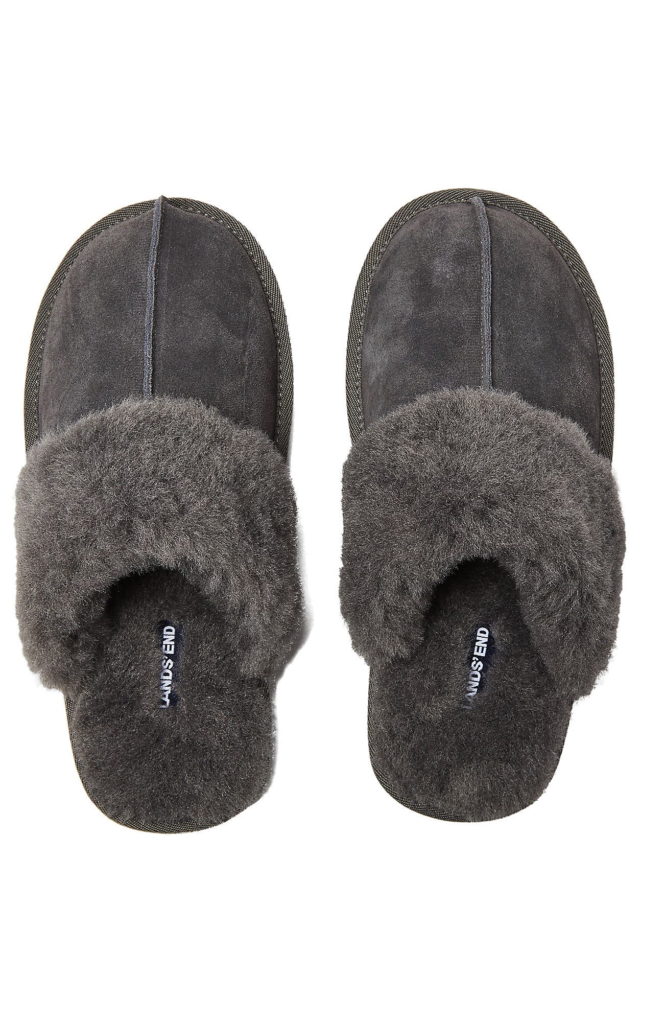 Lands' End Suede Furry Lined Indoor Outdoor Slippers, Alternate, color, Dark Gray Suede